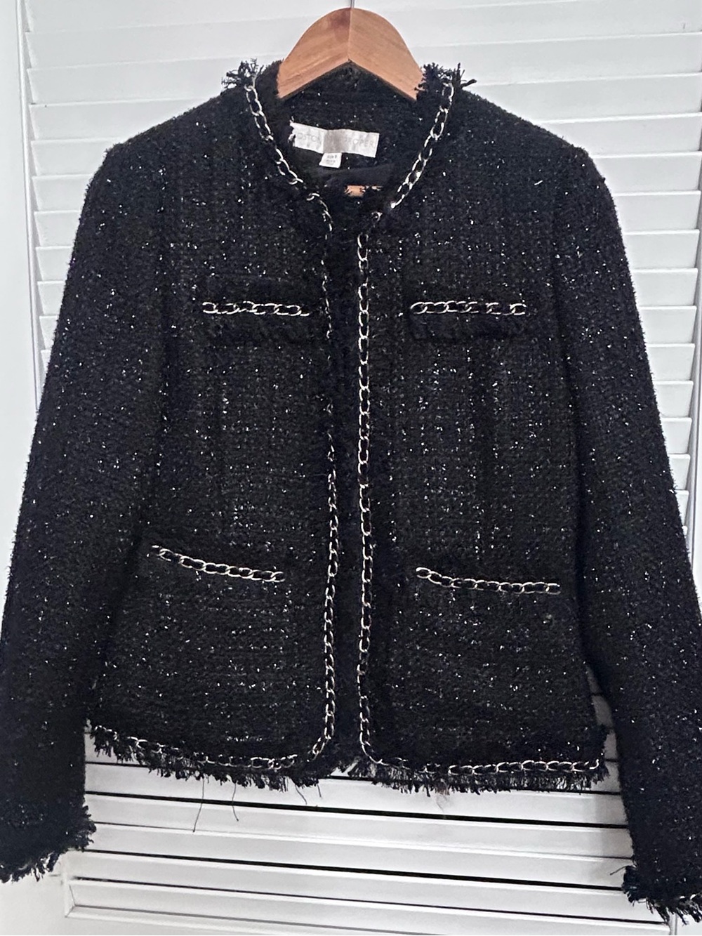 🫖MAKE OFFER Boston Proper Black Tweed Chain Trim Blazer Wool Blend Chanel inspo - Picture 2 of 8
